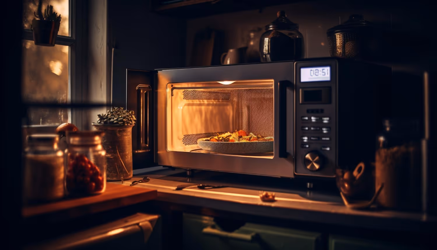 Kitchen microwave oven with open door heating a plate of food, illuminated warmly inside a dimly lit kitchen.