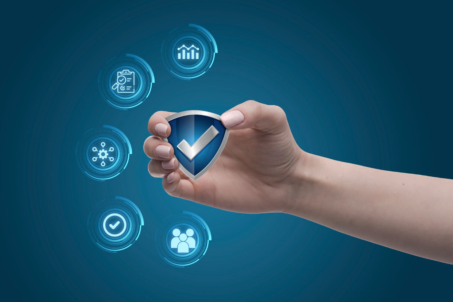 Hand holding a shield with a checkmark surrounded by icons representing security, analytics, and teamwork on a blue background.
