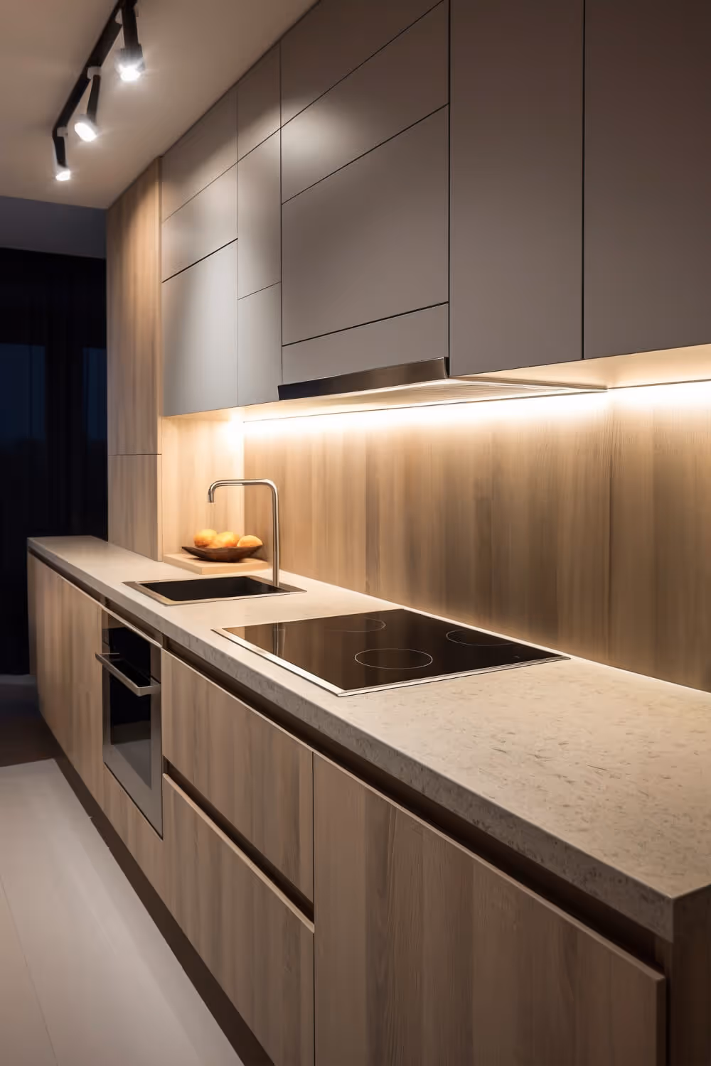 Modern kitchen with light wood cabinets, white countertop, black electric stove, stainless steel sink, and under-cabinet lighting.